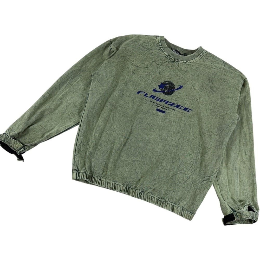 Fugazee Streetwear Mens Large Acid Wash Green Graphic Crewneck Sweatshirt L